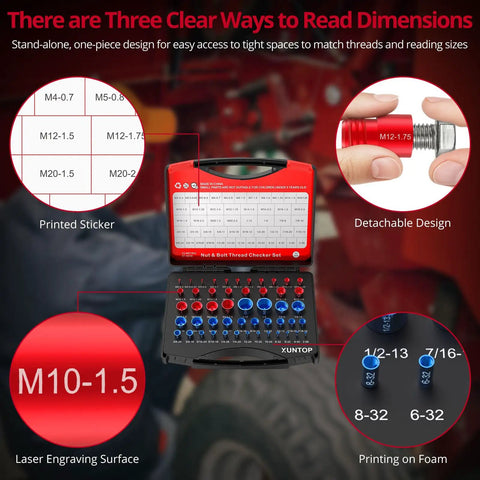Detachable 50 Piece Thread Checker Set For Imperial And Metric Nuts And Bolts Aluminum Gauge Box with a red and blue color-coded design.