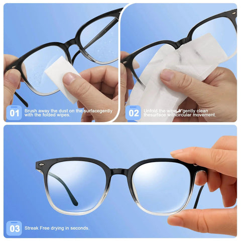 Using Lens Wipes For Glasses Cameras And Screens 200 Count Streak Free Ammonia Free to clean eyeglasses in three steps, shown on blue background.