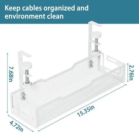 Illustration of a white under desk cable management tray with adjustable clamps and mesh design, dimensions 15.35 x 4.72 x 7.68 inches.