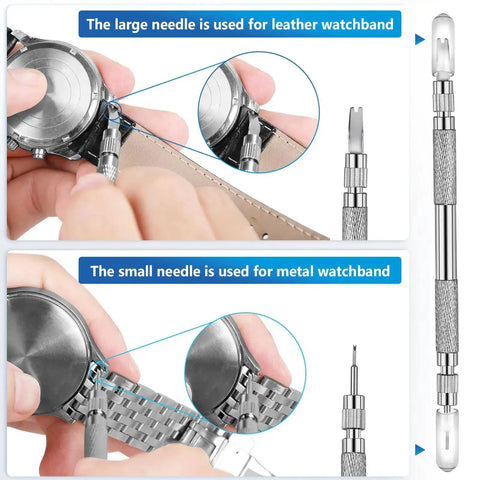 Must Have All In One Watch Band Repair Kit With Spring Bar Tool and Link Removal Tool 56 Stainless Steel Spring Bars for 16 26mm Bands in use on leather and metal watchbands