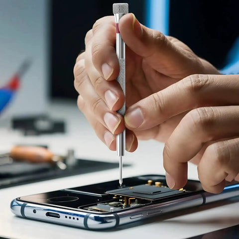 Using mini screwdriver from 500 Pcs Extra Small Screws Micro Repair Kit in M1.2 M1.4 M2.0 Sizes with Black Finish on phone repair
