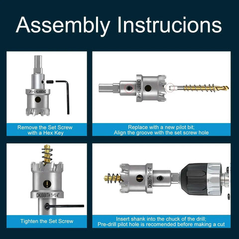 Assembly instructions for Workhorse 4 Piece Tungsten Carbide TCT Hole Saw Drill Bit Set With Sizes Three Quarters Inch, One Inch, One And A Quarter Inch, And Half Inch For Stainless Steel, Hard Metal, Plastic And Wood, 1 Inch Cut Depth, Detachable Pilot Bits And Allen Wrench.
