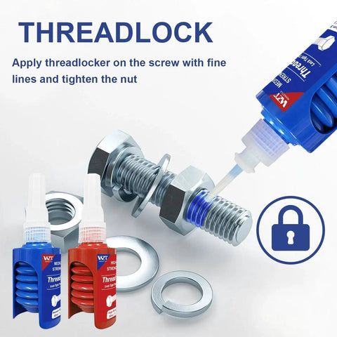 Blue And Red Thread Locker Set For Medium And High Strength Thread Locking For Nuts Bolts And Metal Fasteners Keeps Fasteners Locked Down And From Loosening While Preventing Corrosion WAN2TLK Two 50 Milliliter Bottles, application on metal bolt in use.