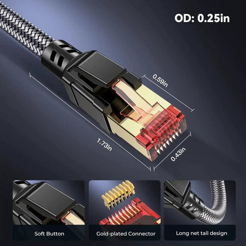 Cat 8 Ethernet Cable 15 Foot Ridiculously Fast 40Gbps 2000MHz Braided SFTP Round Patch Cord features and measurements.