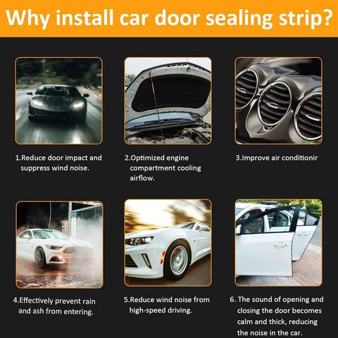 Infographic showing benefits of installing car door sealing strip, including noise reduction and weather protection.