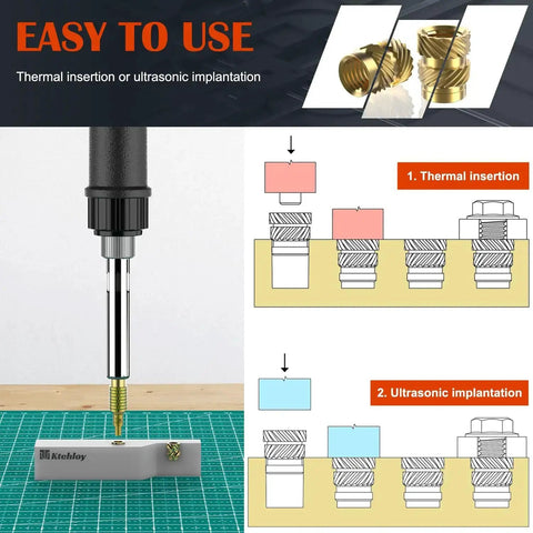 80Pcs Brass Heat Set Threaded Inserts For Plastic And 3D Printing showing thermal and ultrasonic installation steps
