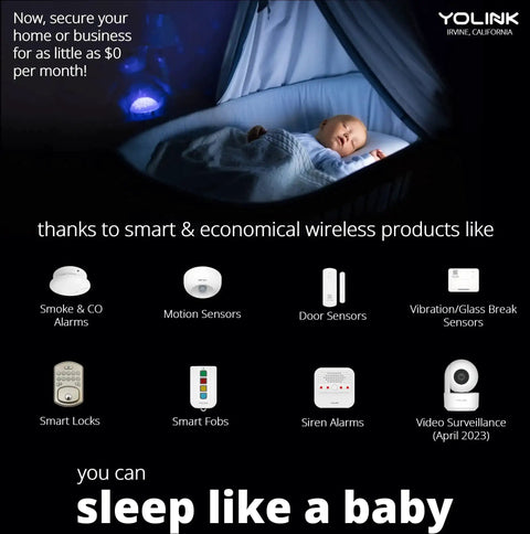 Baby sleeping peacefully, highlighting smart home products like LoRa Long Range Indoor Motion Detector With One Quarter Mile Coverage, Smart Motion Sensor For Home Automation, Works With Alexa And IFTTT, Hub Required For Full Smart Home Setup.