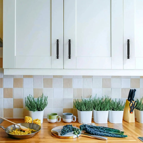 White kitchen cabinets with 10 Pack 3.75 Inch Matte Black Knurled Cabinet Pull Handles For Kitchen Cabinets Cupboards And Drawers Durable Hardware With Easy Installation And Screws Included For Modern Renovations.