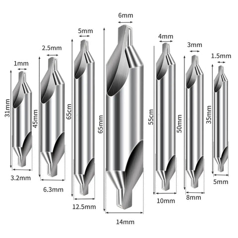 Center Drill Bits Set Built Tough With High Speed Steel, 7 Pc 60 Degree Countersink Tool Kit For Lathe Metalworking, sizes shown