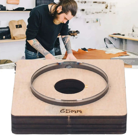 65mm Circular Leather Hole Punch Die For DIY Leatherworking Projects And Card Holders Purses Belts And More With Clean Shiny Edges And Pro Grade Durable Alloy Steel Construction Your Go To Tool For Precise Holes with man working in background