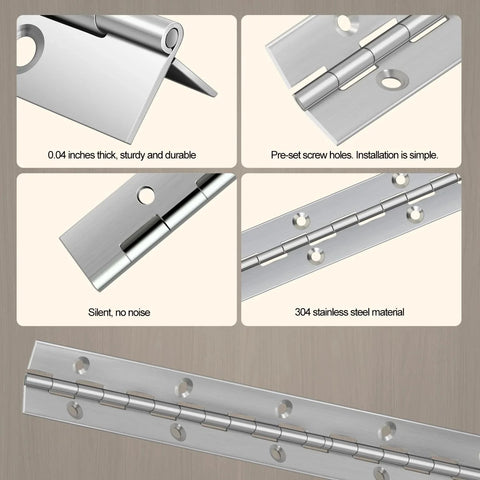 Detailed view of 12 Inch Stainless Steel Piano Hinge 3 Pack Continuous Hinges with holes for boats, cabinets, storage boxes, doors and windows.
