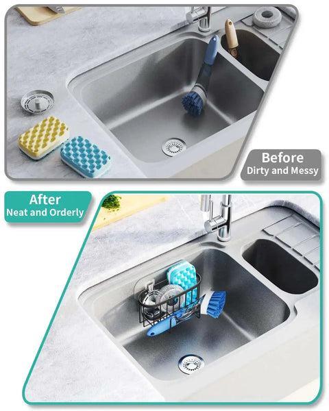 Before and after view showing M Shaped Stainless Steel Kitchen Sink Caddy With Dual Mount Options And Rustproof Build holding sponges and brushes.