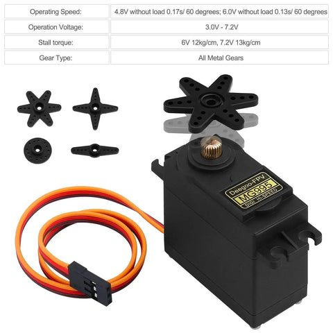6-Pack High Speed Digital Metal Gear RC Servo, 55g Weight, 180-Degree Sweep, Waterproof and Durable, Compatible With Futaba JR Hitec Sanwa GWS and More, Perfect for RC Cars Planes Helicopters Mechanical Arms and Robotics featuring MG995 model and accessories.