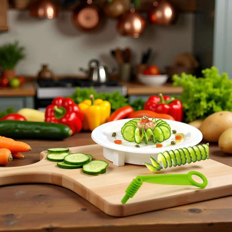 Green Spiral Slicer Portable Manual Kitchen Gadget For Cucumber Carrot And Potato Garnishes Compact Lightweight Tool close-up