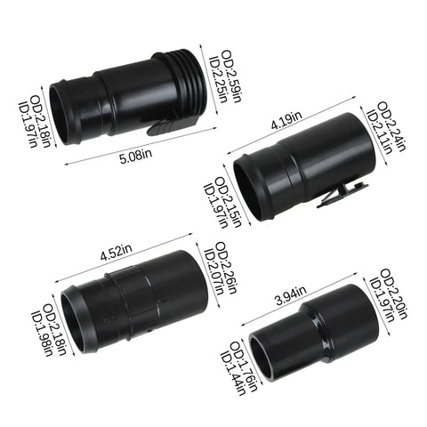 Various black fittings for Hose Kit For 1-7/8 Inch Vacuums With Universal 2-1/2 Inch Adapters, labeled with dimensions in inches.
