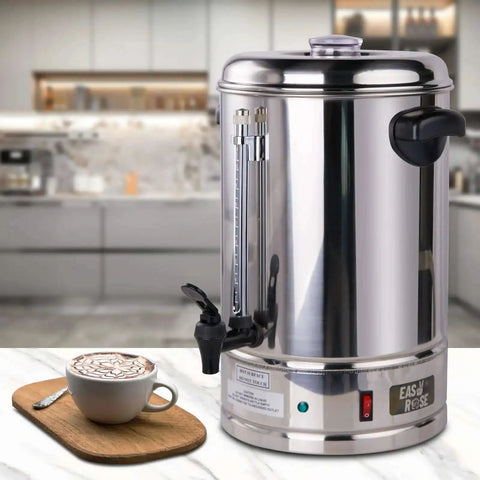 65-Cup Commercial Coffee Urn With 10.5 Qt Capacity, 1250W Stainless Steel Percolator on kitchen counter with coffee cup.