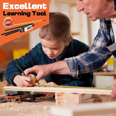 Child measuring wood with tape from Real Deal 95 Piece Kids Tool Set For Home DIY And Woodworking Projects With Hammer, Screwdriver