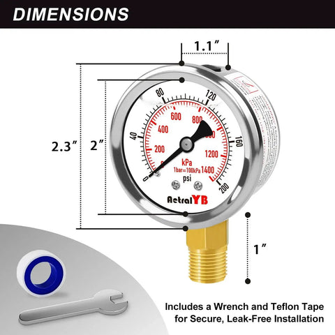 Dimensions of Heavy Duty Water Pressure Gauge 0-200 Psi 2 Inch Waterproof Liquid Filled Stainless Steel Lower Mount 1/4 Inch NPT Dual Scale