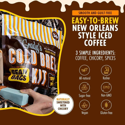 Person holding New Orleans Style Cold Brew Kit with Chicory Pouches and 100 Percent Arabica Ground Coffee