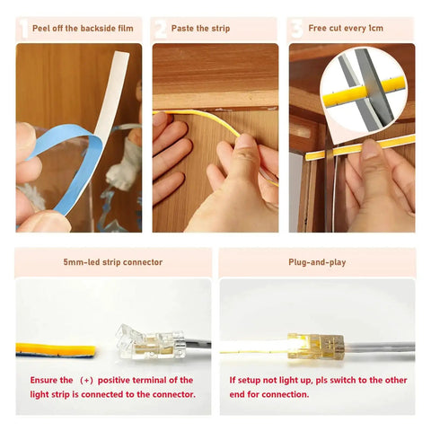 Installation steps for Under Cabinet LED Light Strip Kit 16.4Ft Cuttable Warm White 3000K with Diffused Glow and connectors