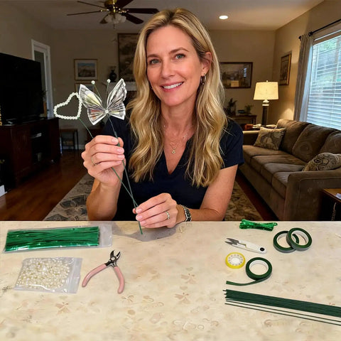 Dope DIY Floral Craft Kit With ABS Pearls, metal wire, flower stems, scissors, pliers, rolls displayed on a table with user