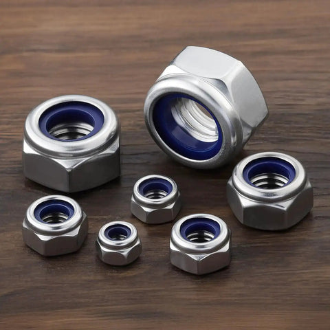 170 Piece Metric Lock Nut Set Nylon Insert Locknuts M3 M4 M5 M6 M8 M10 M12 Stainless Steel Self Locking Nuts on wooden surface