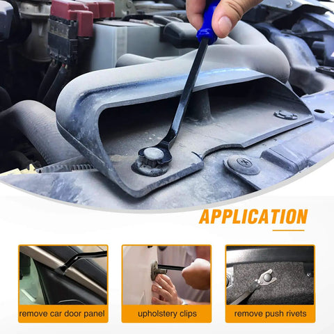 Auto Trim Removal Tool Kit 5 Piece No Scratch Pry Set for Car Door Panels and Dashboard Clips Dismantle Easy Includes Fastener Remover in use on a car.