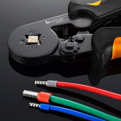 Ferrule Crimping Tool Kit Pro Grade With Secure Wire Ferrule Nylon Case And 160 Electrical Wire Connectors in use, showing grip and ferrules.