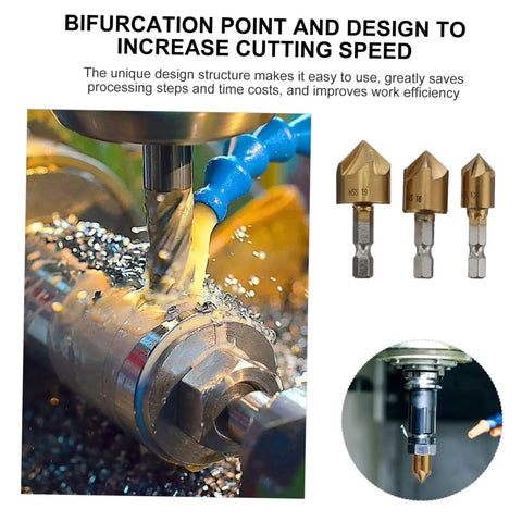 3 Piece Steel Chamfering Cutter Set with Self Centering Bifurcated Tip High Performance Milling Tool for precision machining.