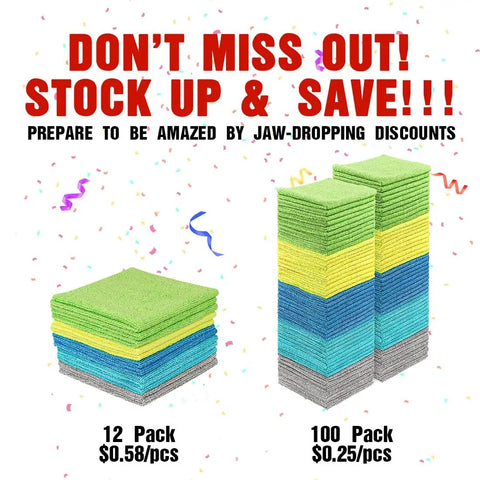 Ultra Absorbent Microfiber Cleaning Cloths, 100 Pack For Cars, Home, Kitchen And Shop, Scratch Free, Lint Free Rags, Multicolor 11.5 By 11.5 Inches By HOMEXCEL displayed in stacks.