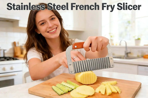 French Fry Slicer With Stainless Steel Blade And Wooden Handle For Crinkle And Waffle Fries Pickles And Veggies Durable Kitchen Knife For Safe Easy Meal Prep And Fun Food Cutting being used to cut cucumbers and potatoes on a kitchen countertop.