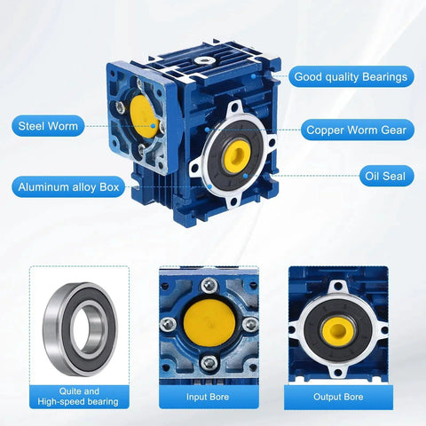 High Torque NMRV030 Worm Gearbox With 80 To 1 Reduction And 14 Mm Output Shaft For Nema24 Stepper Motors Or Nema23 Servo Motors Blue Housing, featuring steel worm, copper gear, and aluminum body.