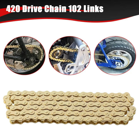 Gold 420 Drive Chain 102 Link With Chain Breaker Tool for dirt bikes and ATVs, shown included and installed on vehicles.