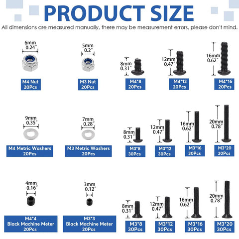 Universal RC Screw Kit 502 pcs with various screw and nut sizes, product size chart for Traxxas Axial Redcat HPI Arrma Losi models