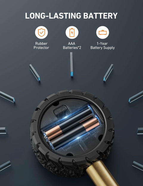 Tire pressure gauge illustration with backlit LED and blue glow, showing internal battery graphic inside a rugged tire.