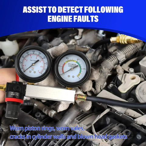 Gnhydxfe TU-21 engine cylinder leak-down tester kit with dual gauges in a car engine bay