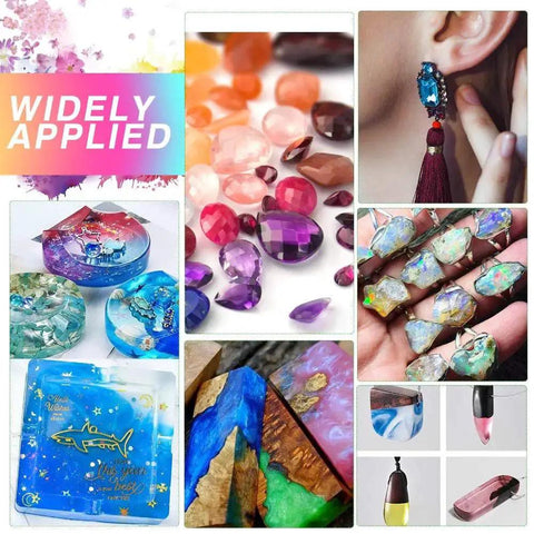 Collage showing craft projects using 12 Colors Epoxy Resin Dye Kit With 10ml Bottles Translucent Pigment For Resin Craft
