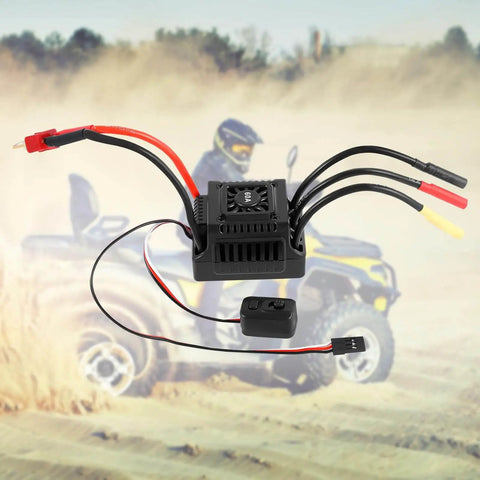 60A Waterproof Dustproof Brushless ESC with Sensorless Tech for 1/10 RC cars, T Plug, external programming port, against outdoor backdrop