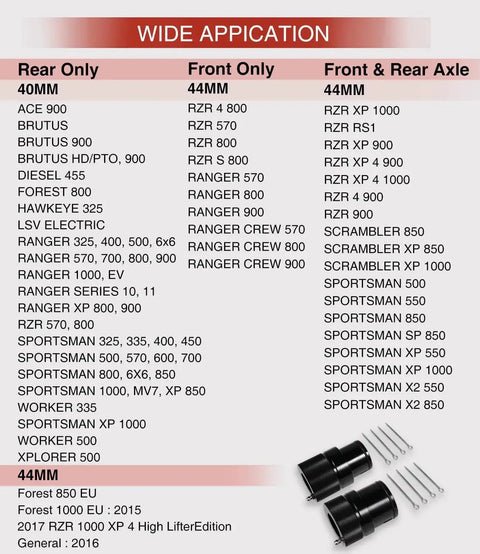 Compatibility chart for 40mm And 44mm Front And Rear Wheel Bearing Greaser Tool Kit For ATV UTV SXS Replaces Ranger Sportsman RZR