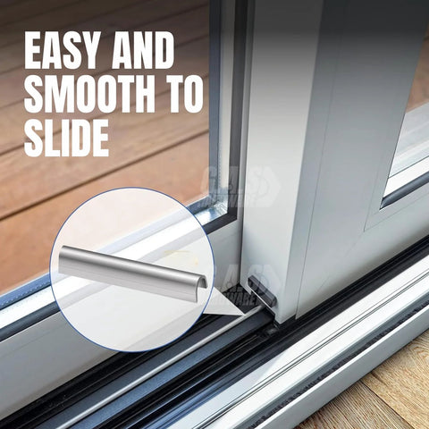 Snap On One Quarter Inch Stainless Steel Sliding Glass Door Track Cover Repair for patio doors, shown installed on track