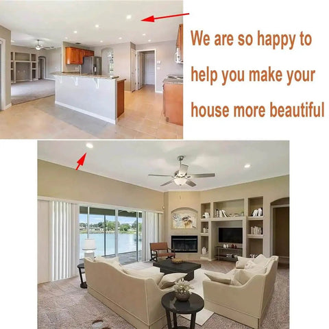 Interior design transformation showing a modern living room with large windows, recessed lighting, and stylish furniture.