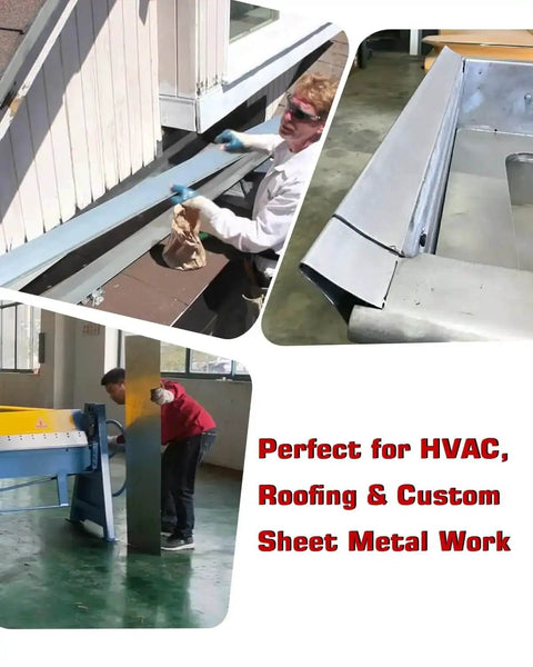 Technician using One Station Metal Disc Bender for standing seam roofing and sheet metal bending in workshop and outdoor settings
