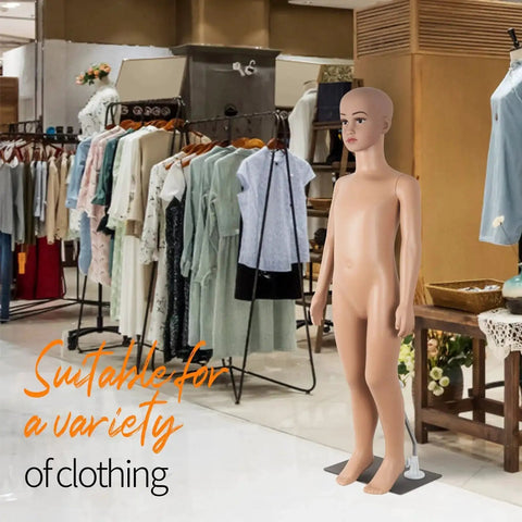43.3 Inch Height Child Mannequin Full Body Realistic Adjustable Detachable Mannequin Display Head Turns Dress Form With Metal Base Gender Neutral For Fashion Retail Photo Shoots in a clothing store, showcasing lifelike design on a metal base.