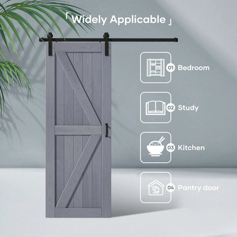 Grey Wood Barn Door Slab 30 Inch By 84 Inch With Included 60 Inch Barn Door Hardware Track Kit Double Surfaces Simple Assembly Required K Frame Rustic Modern Style For Home Or Office, shown installed