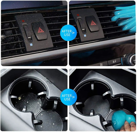 Cleaning Gel For Car Detailing Putty For Vents And Interior Dust Removal Gentle Auto Interior Cleaner Dust Slime For Cars Keyboard Gel Cleaning Putty 1 Pack used on air vents and cup holder, showing effective dust removal.