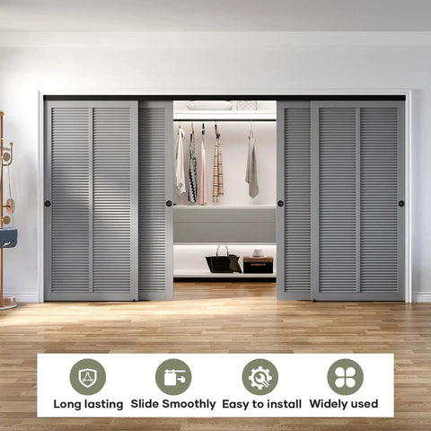 Installed Bypass Pocket Door Hardware Kit For Four Door System In Aluminum Black 12 Ft Bypass Double Sliding Wardrobe