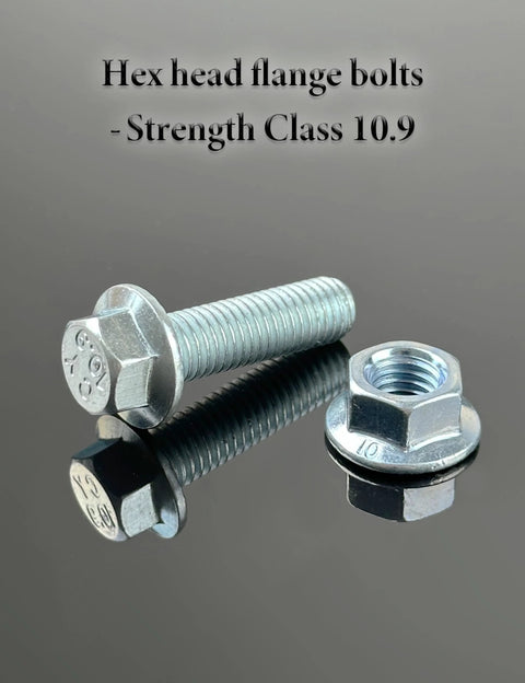 Automotive hex-head flange bolts with nuts, silver metal on a black reflective surface