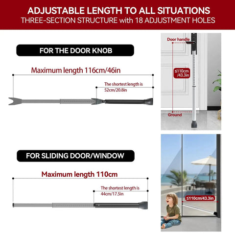 Heavy Duty Door Security Bar Adjustable Jammer For Home Sliding Patio White, showing adjustable length for doors and windows.