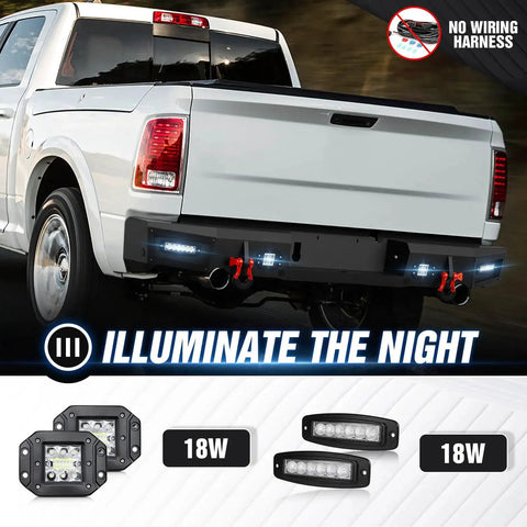 Rear Step Bumper For Ram 1500 With 4x18W LED Lights And D Rings installed on truck, showcasing LED lights and D-rings.