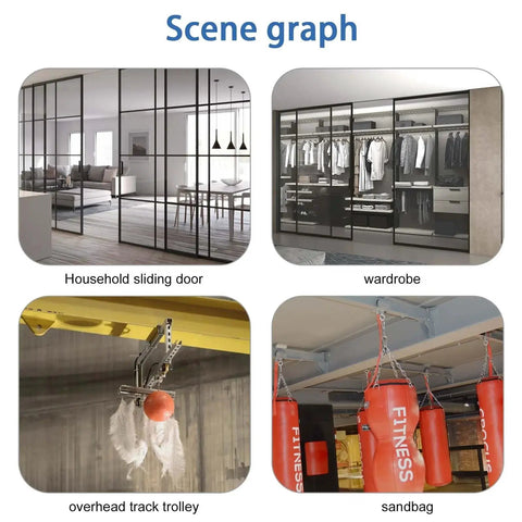 Scene graph showing applications of four-wheel light duty trolley assembly, including sliding door, wardrobe, track trolley, and sandbag setup.